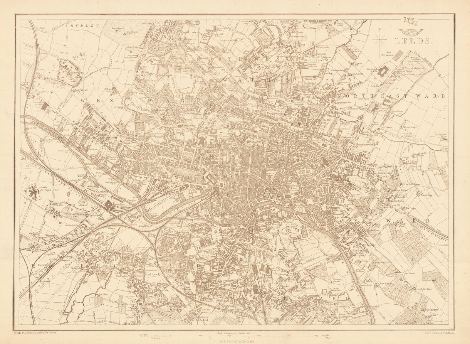 LEEDS. Large town/city plan by BR DAVIES for the Dispatch Atlas 1863 old map